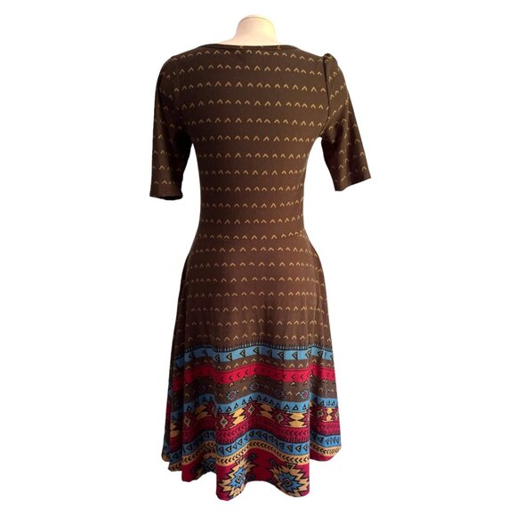 LuLaRoe Nicole Brown Aztec Print Fit and Flare Dress Sz Medium Womens Brown Boho - Picture 2 of 8